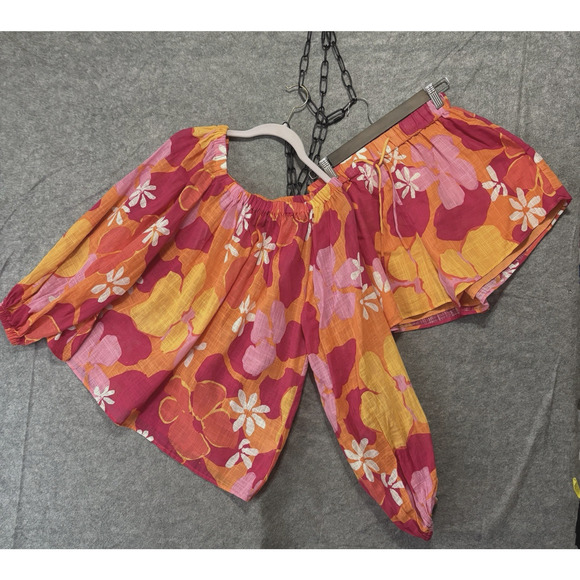 Sabo Short Set Women Sz XS - S Orange Red Lightweight Sheer Tropical - SIZE NOTE - Picture 1 of 14